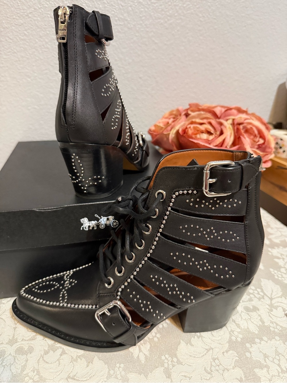 Coach Paisley Black Stud Lace up Leather Heel Boots size 7.5 NEW Rocker Concert